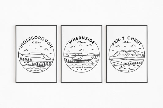 Yorkshire Three Peaks Print Set - Ingleborough, Whernside, Pen-y-ghent Yorkshire Dales Poster