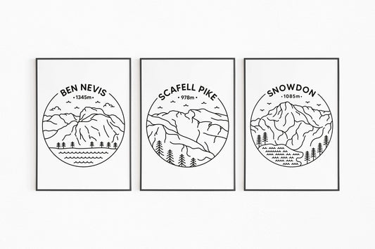Three Peaks Challenge Print Set - Ben Nevis, Scafell Pike & Snowdon Posters